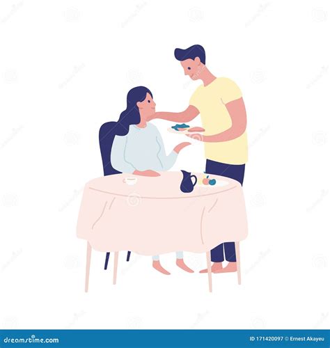 Caring Man Bringing Serving Food To Pregnant Woman Vector Flat ...