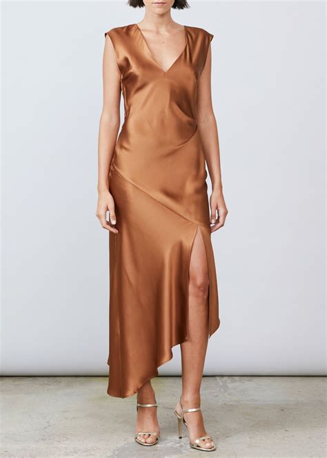 Desiree Deep V-Back - Bronze | Satin fashion, Brown silk dress, Silk dress