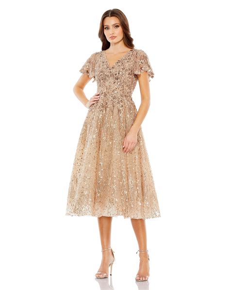 Taupe Mac Duggal 20392 Short Sleeve Tea Length Formal Dress for $698.0