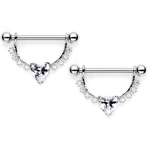 Clear CZ Gem Lacy Heart Dangle Barbell Nipple Ring Set