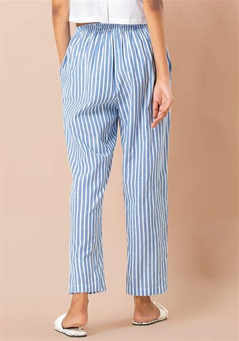 Buy Women Blue White Striped Cotton Narrow Pants - Bloggers-Page - Indya | Canada