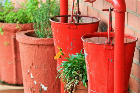 red fire buckets  water  stock photo public domain pictures
