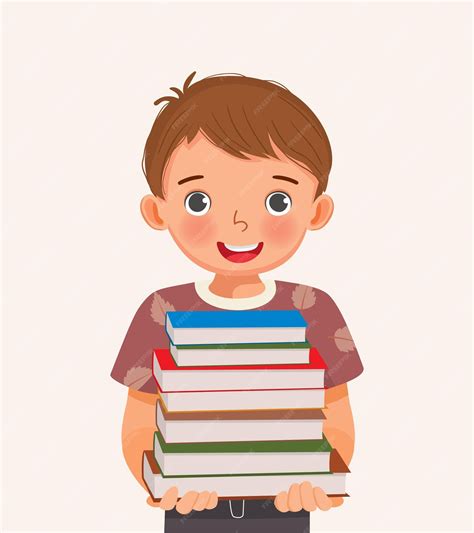 Милый маленький мальчик студент держит стопку книг | Премиум векторы