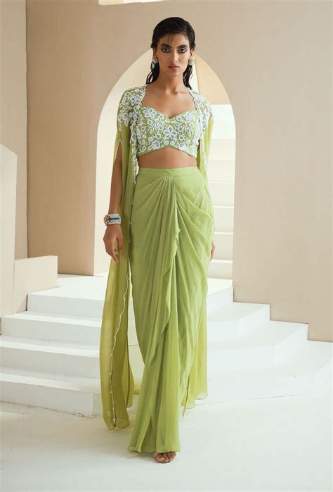 green embellished cape  choli  draped skirt fashionable saree