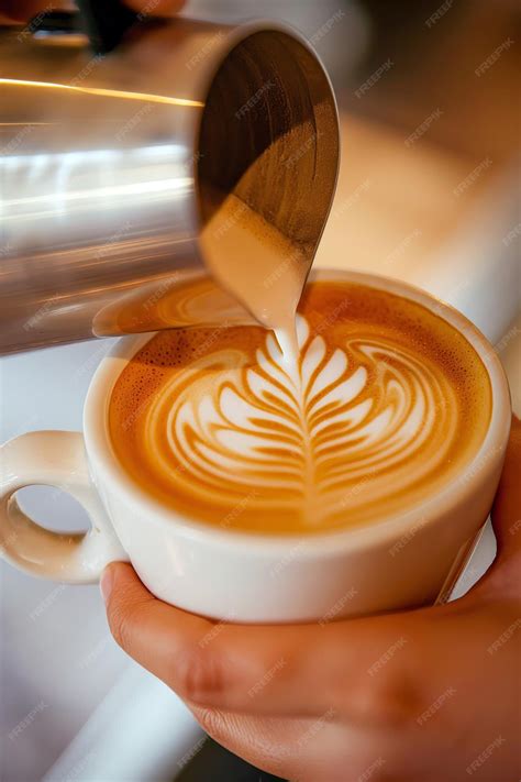 Closeup of latte art being created in a cappuccino cup with a baristas