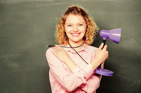 Light Up Process of Studying. Teacher Hold Table Lamp Chalkboard ... 
