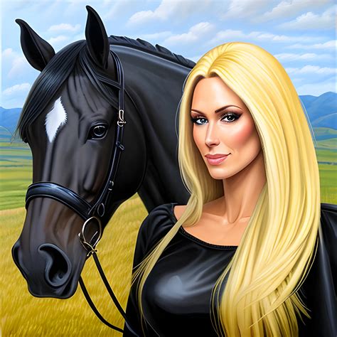 , Oil Painting little girl blond hair riding small black horse