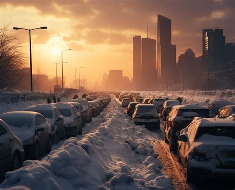 Premium AI Image | a city traffic jam in the snow Blizzard on the road Heavy snowfall paralyzed ...