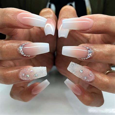 Coffin Acrylic Nails With Silver Diamonds On One Nail - Tips Color ...