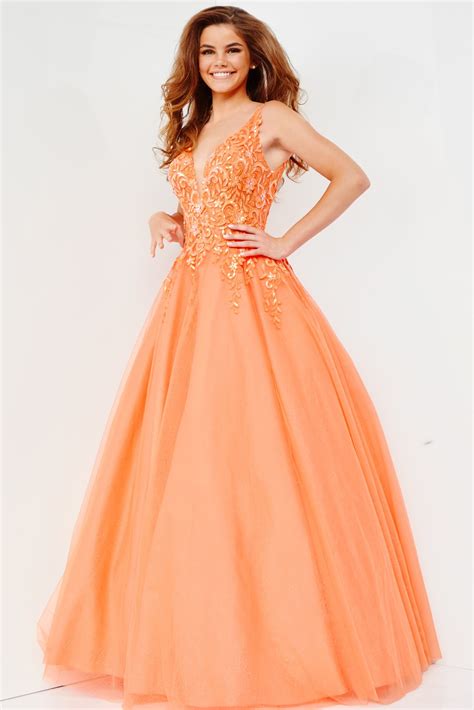 22831 Orange Embellished A Line Prom Ballgown - Jovani