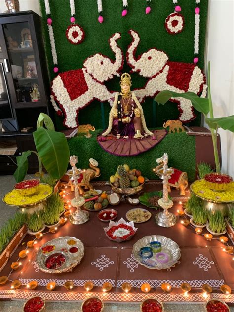Varamahalakshmi decoration | Varalaxmi pooja decoration ideas, Goddess ...