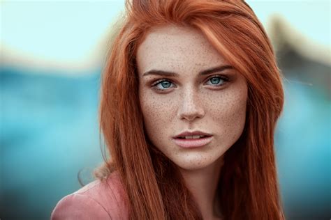 redhead, women, blue eyes, freckles, depth of field, looking at viewer
