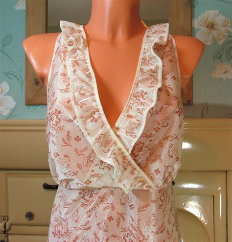 Vintage Graziella nude brown sissy frilly long maxi nightie gown dress