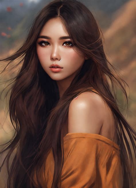 Lexica - Cute tan Asian female, long brown and black straight fluffy