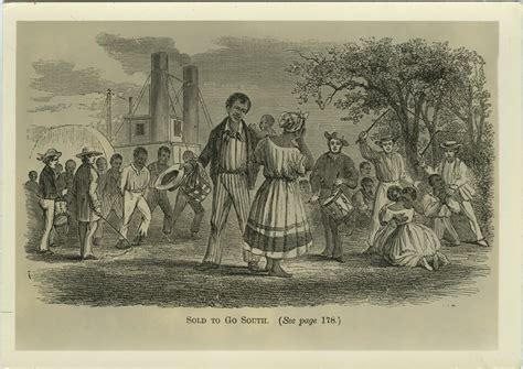 A postcard illustrating a sale of slaves; caption on postcard: "SOLD TO