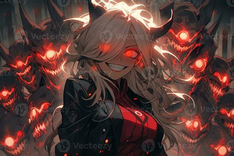 AI Generative Beautiful demon with the eyes lights up in anime style