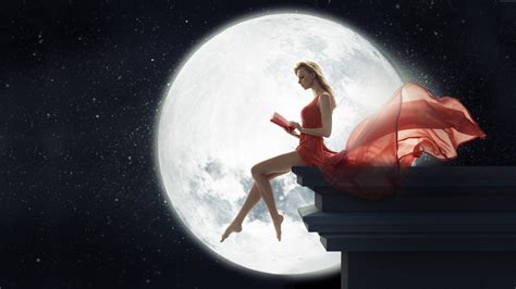 Fantasy in 8K: Woman in Red Dress Beneath the Moon