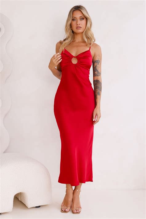 Style Compass Satin Midi Dress Red | Hello Molly