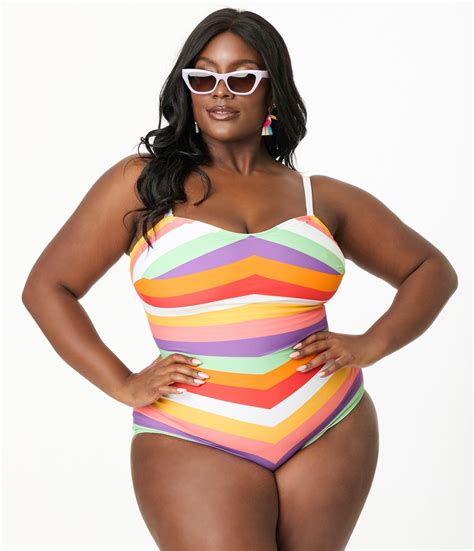Unique Vintage Plus Size Rainbow Stripe Barbara One Piece Swimsuit in