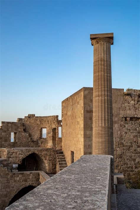 Lindos Acropolis in Lindos Village, Greece, Summer Time Stock Photo ...