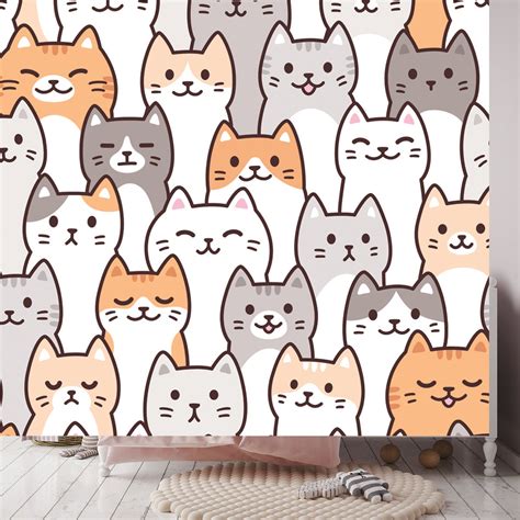 Cute Cartoon Doodle Cats Pattern. Kawaii Crowd of Cat Faces Wallpaper ...