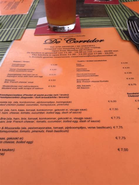 Menu at De Corridor, The Hague