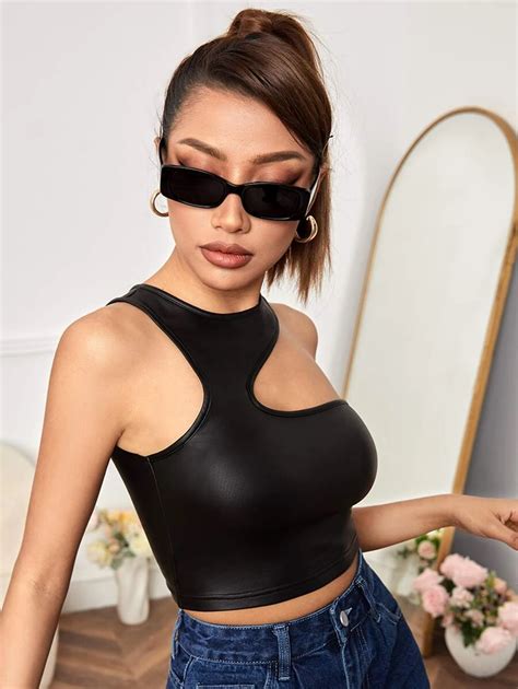 shein petite asymmetrical neck crop top