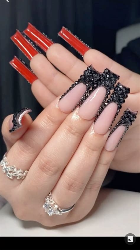 black nails  red bottoms  rhinestones black frenchies  red