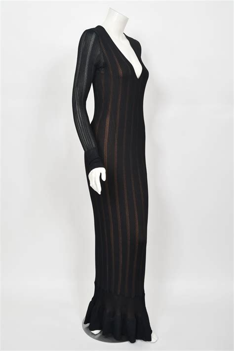 Vintage 1996 Azzedine Alaia Black Nude-Illusion Knit Bodycon Floor