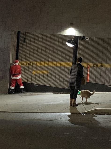 San Francisco. Drunk Santa peeing while an animal shits on the sidewalk