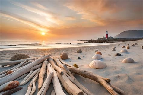 Premium AI Image | A beach with a lighthouse and a lighthouse in the ...