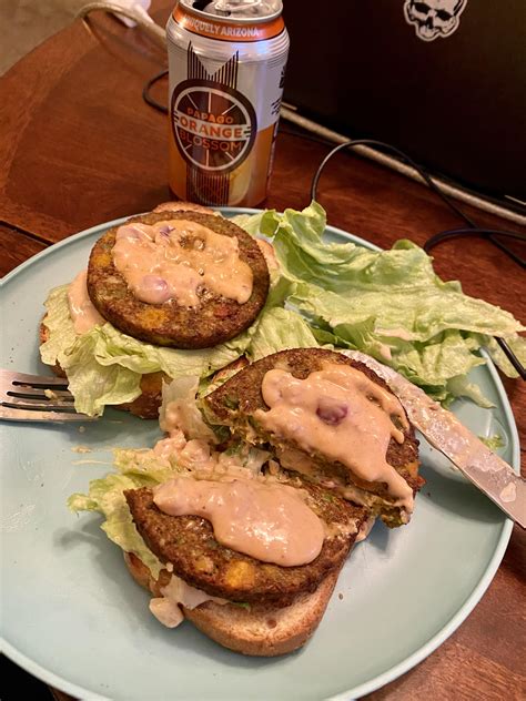 2vegan Bombay burgers w/homemade curry sauce open faced sammich