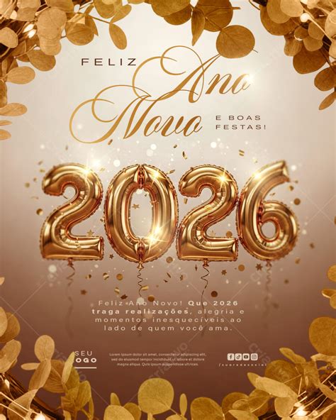Boas Festas E Feliz 2026 - Flyer Boas Festas Ano Novo 2026 Balões Dourados PSD Editável — Criativo ...