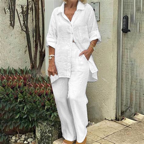 Plus Size Summer Outfits for Women 2 Piece Linen Sets Long Sleeve