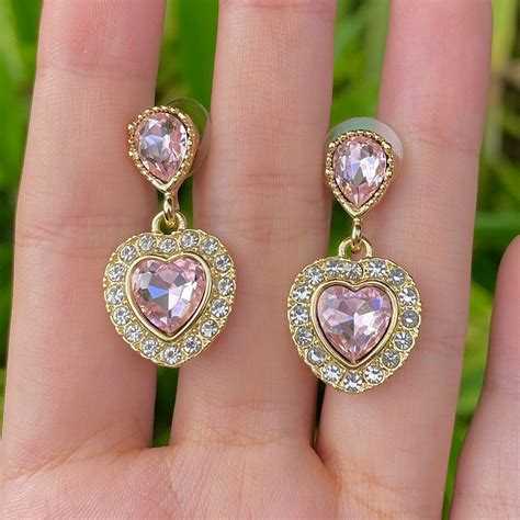 Diamond Pink Heart Earrings, Crystal Heart Studs - Etsy