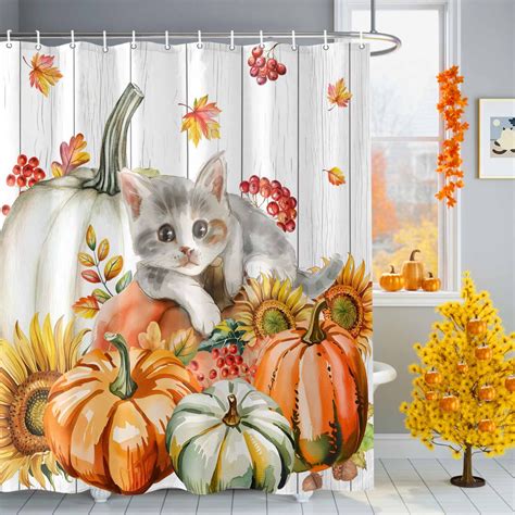 Shower Curtains Sets for Bathroom Decor Cute Kitty Autumn Pumpkins