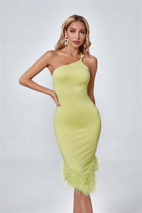 Light Green One Shoulder Midi Feather Dress