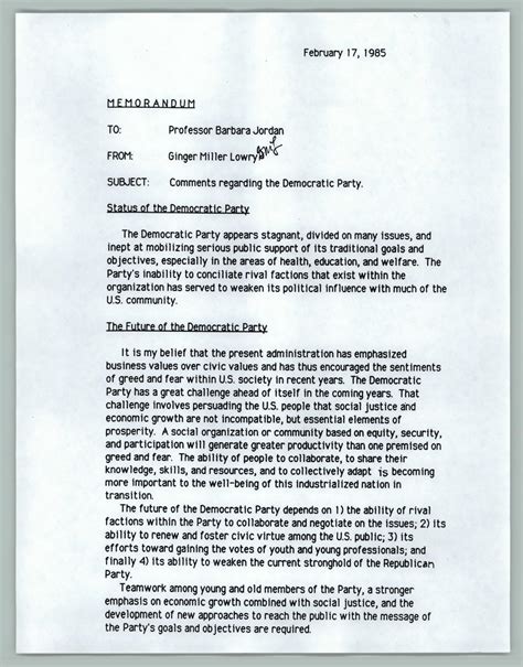 [Memorandum from Ginger Miller Lowry to Professor Barbara Jordan