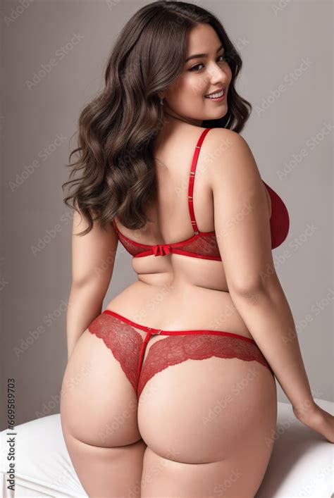 Beauty curve plus size fat woman in a red underwear lingerie in studio