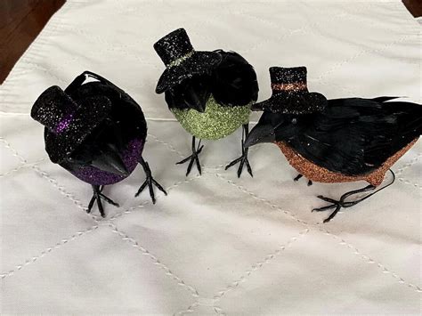 vintage halloween crow figurines  top hats real feathers set