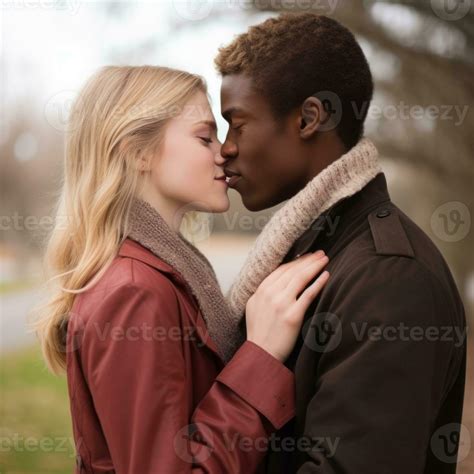 Loving teenage interracial couple is enjoying a romantic autumn day AI