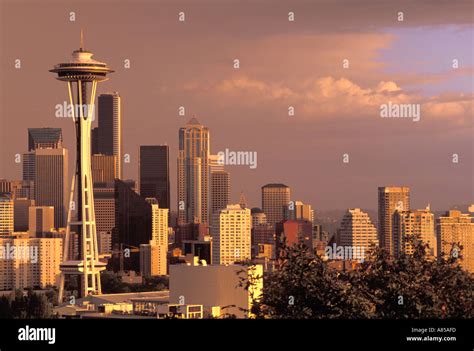 Seattle skyline under stormy skies at sunset Seattle Washington Stock ...