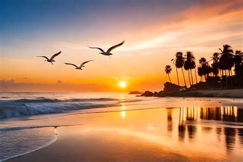 Premium AI Image | Birds flying over the ocean at sunset