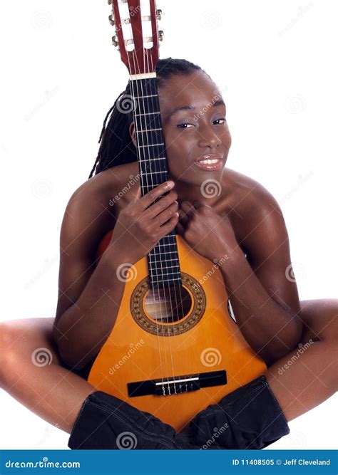 Young Black Woman Implied Nude Behind Guitar Stock Image - Image of
