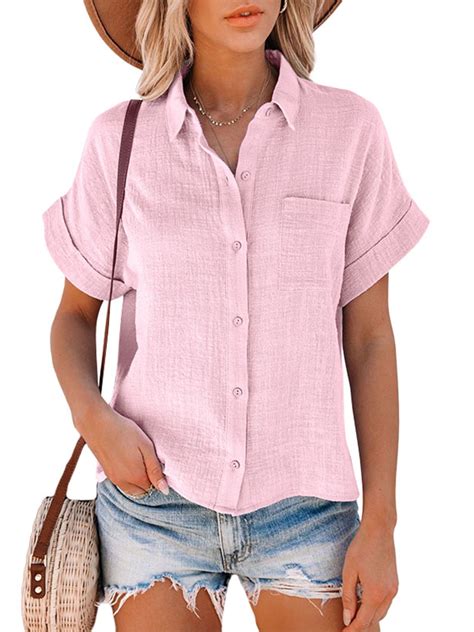 women short sleeve cotton  linen shirts  neck collared button