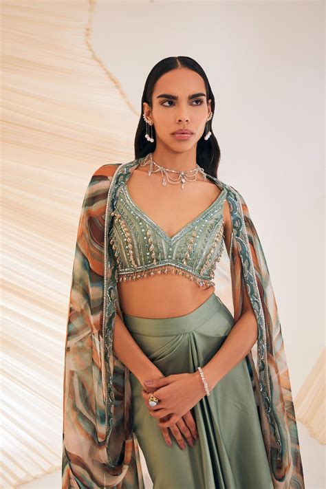 Vivien Sage green embellished skirt and cape set | Embellished skirt