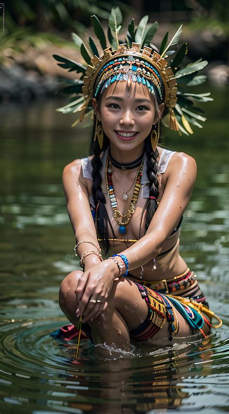 1 borneo tribal girl, wearing tribal head dress and accessories