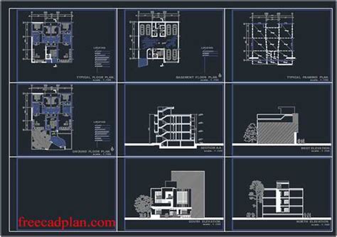 3 storey house dwg plans , 15 *14 m ( 210 m2) - free cad plan