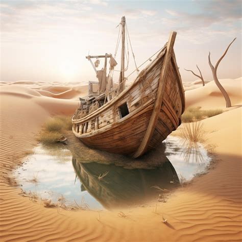 Premium AI Image | a boat in the desert with sand dunes in the background.