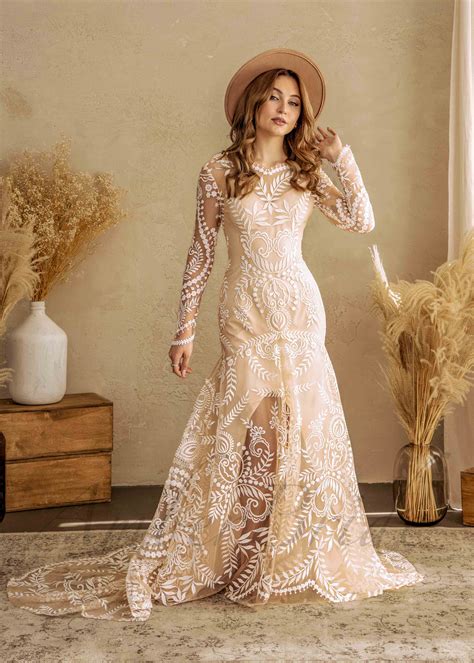Boho Mermaid Long Sleeve Floral Wedding Dress with Open Back – AmberBride